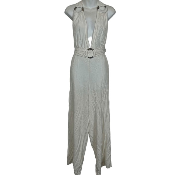 Asos Design Women's White Deep V-Neck Flax Jumpsuit Wide Leg Open Back Pants  8 - Picture 1 of 16
